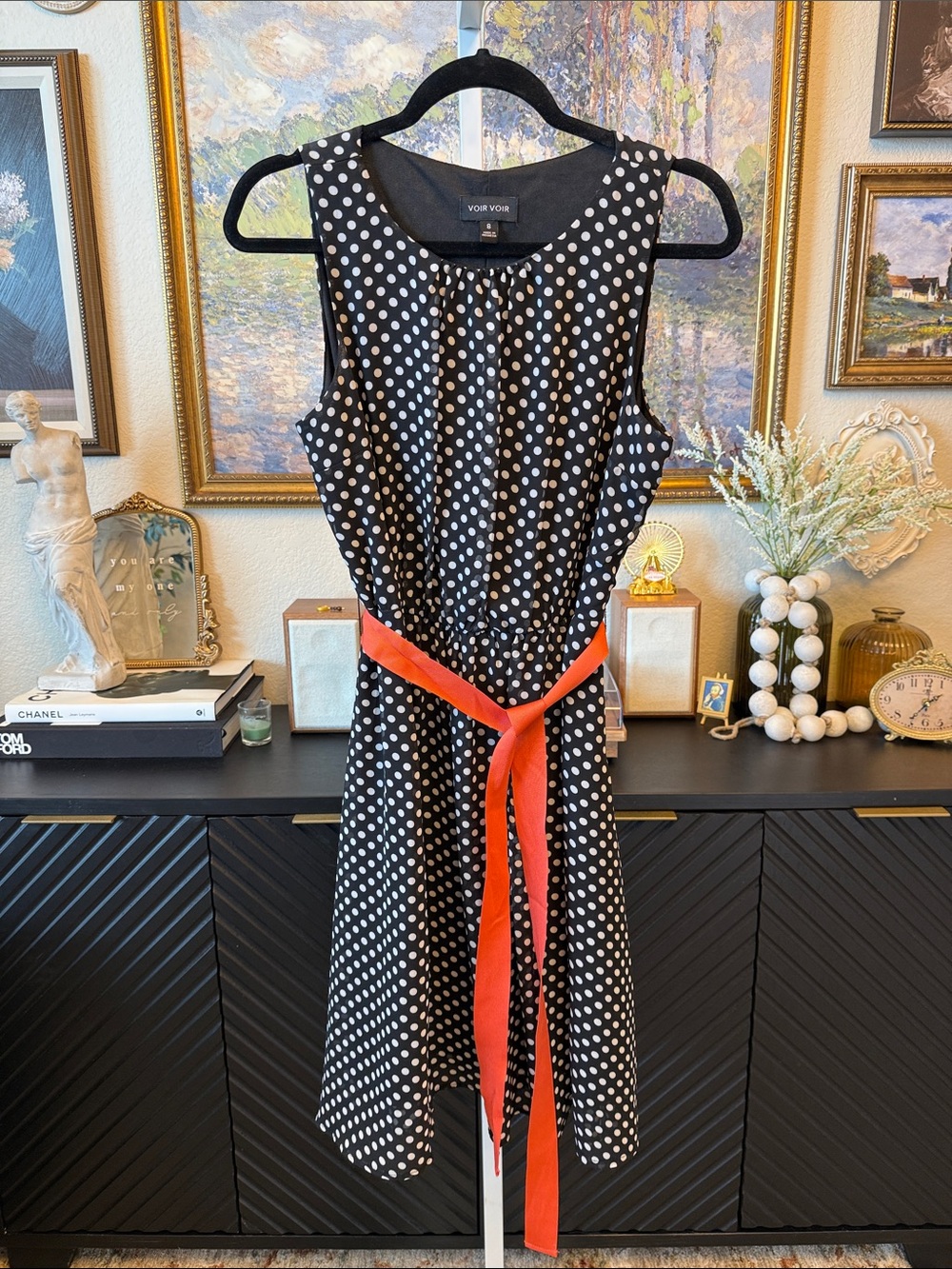 Voir Voir Black Polka Dot Midi Dress with Red Waist Tie